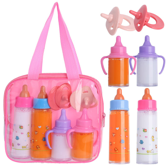 Set of baby bottles and pacifiers in a pink carrying case on a white background
