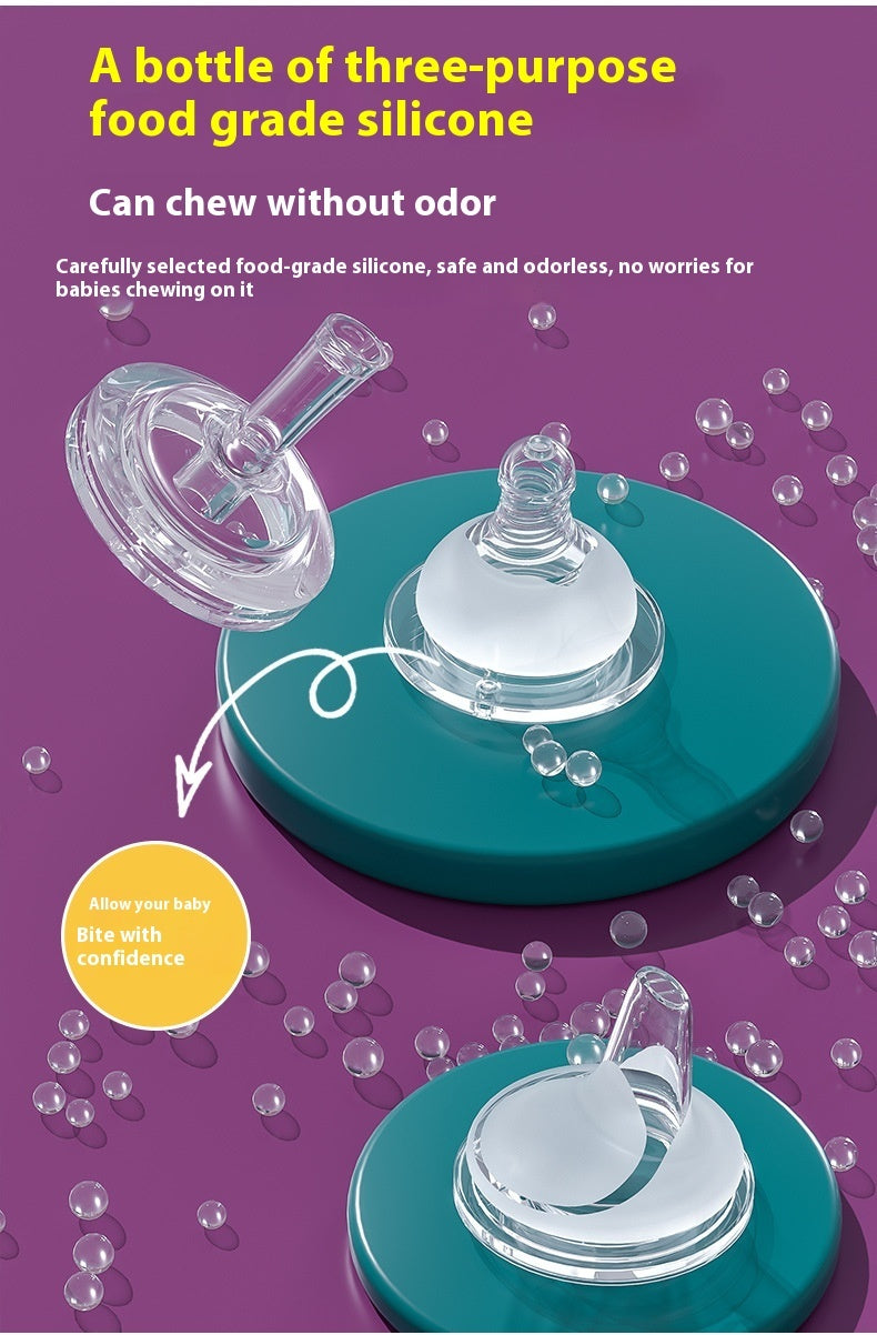 Three-piece silicone baby product set on a purple background with text about food-grade safety.