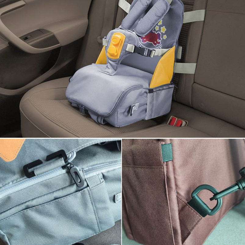 Child safety seat and close-up shots of zippers and buckles on fabric.