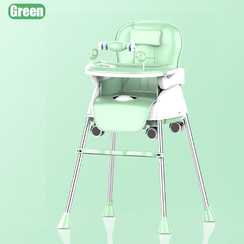 Green baby high chair on a light green background