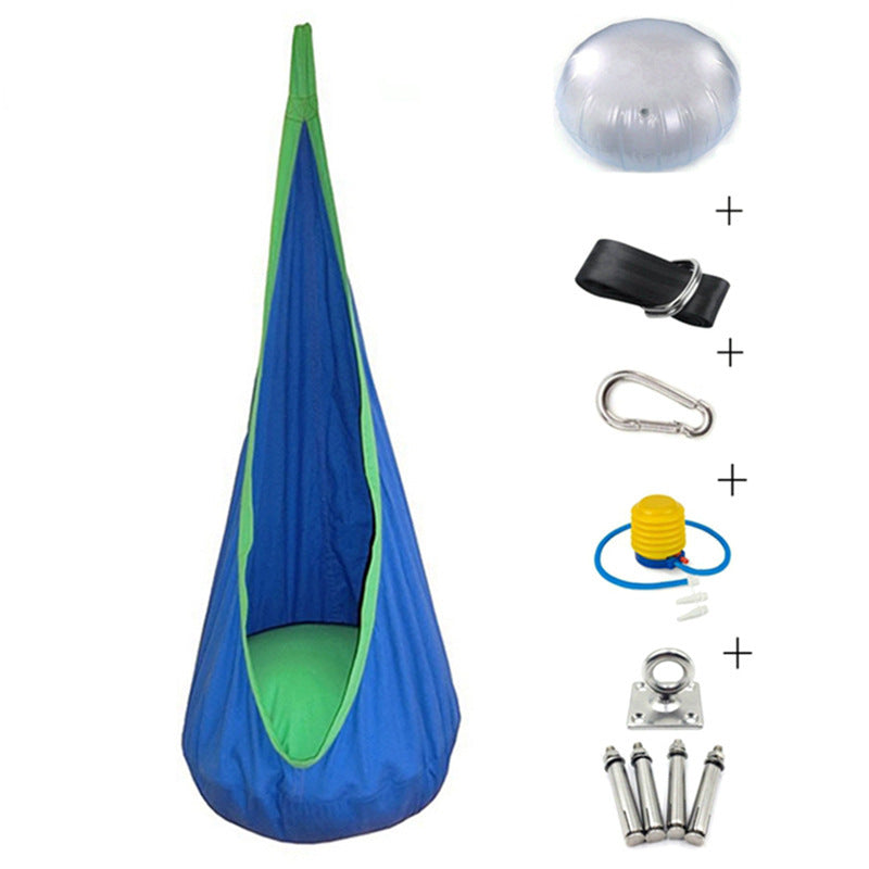 Blue and green hanging chair with accessories on a white background