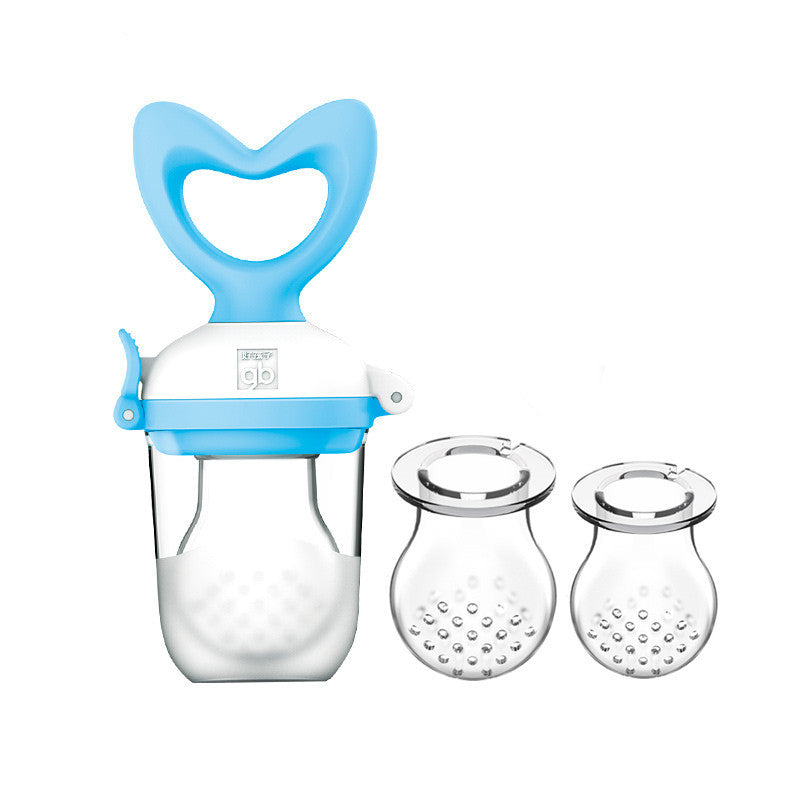 Blue and clear baby food feeder with two additional clear containers on a white background