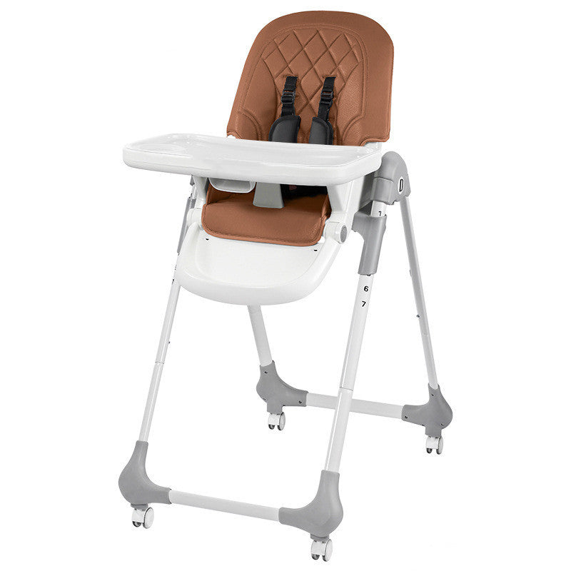 Baby high chair with brown seat and white base on a white background