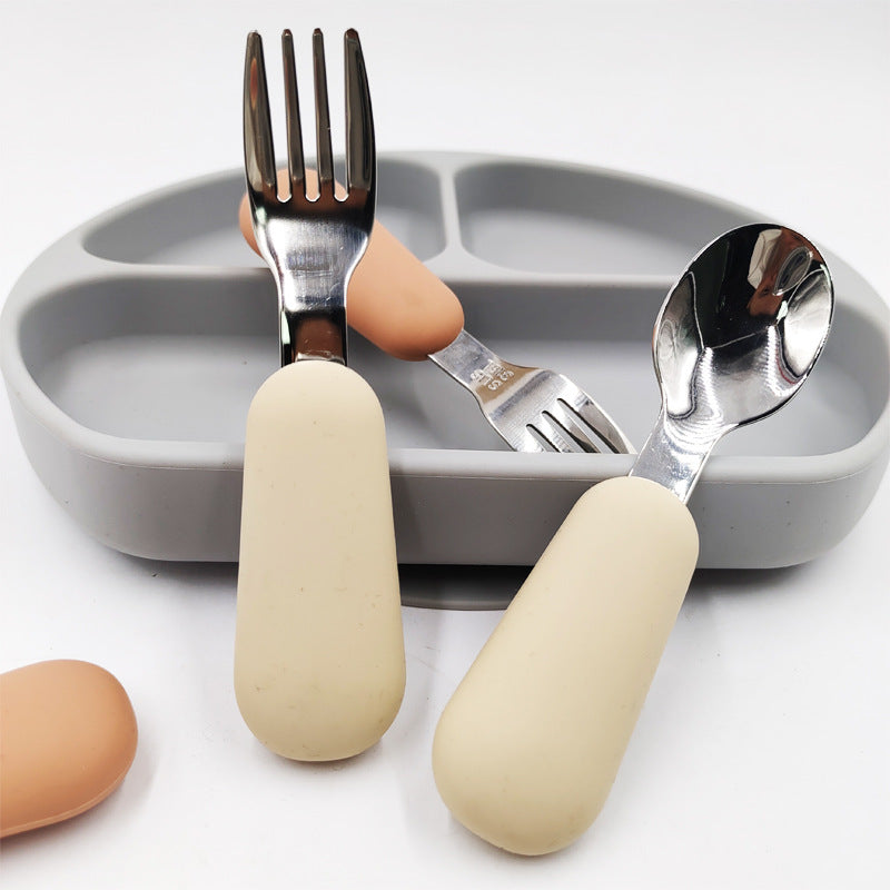 LittleBite Stainless Steel Spoon and Fork Baby Eating Set – Short Handle Training Tableware with Silicone Grip | Essential Utensils for Toddlers Learning to Self-Feed