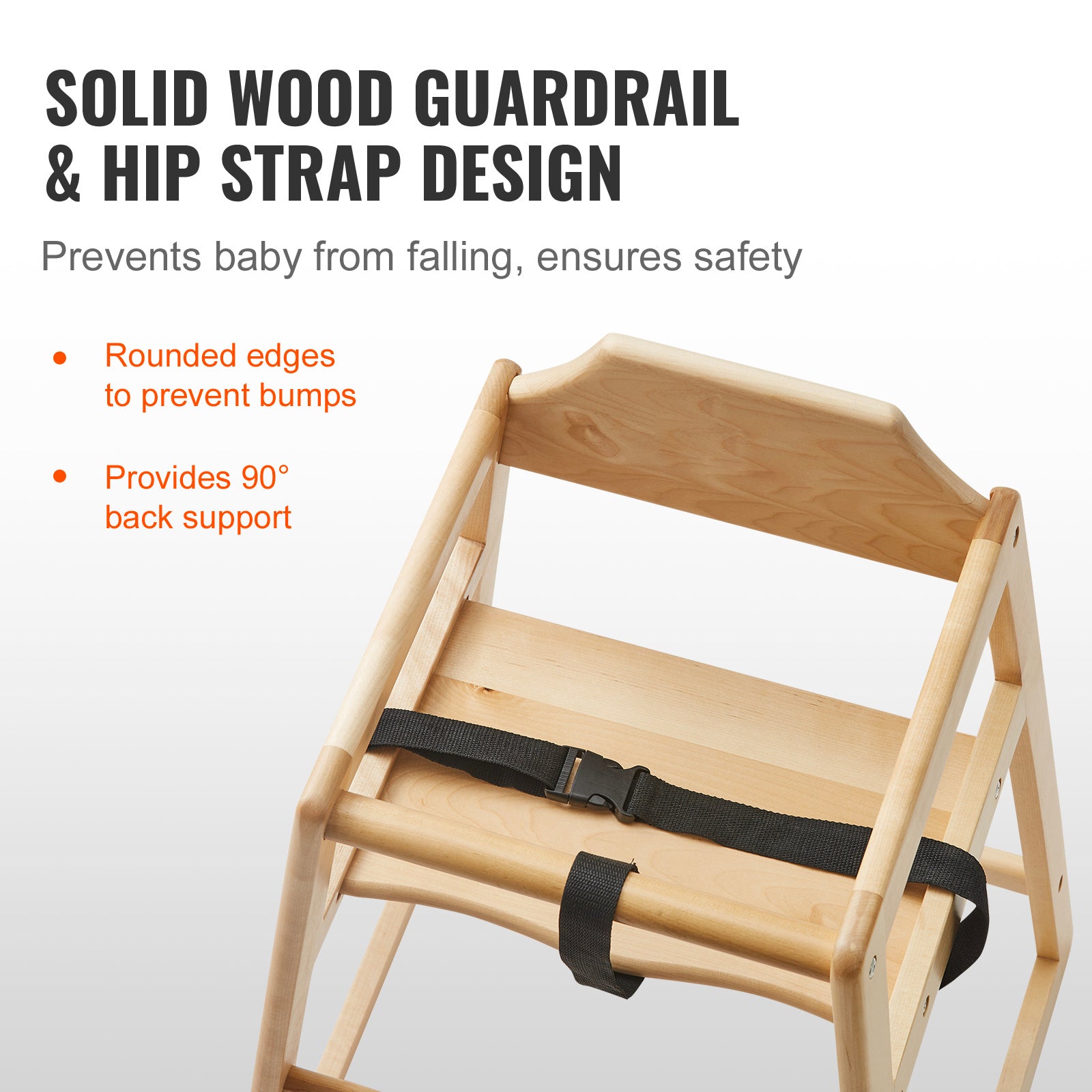 Wooden baby high chair with hip strap design on a white background