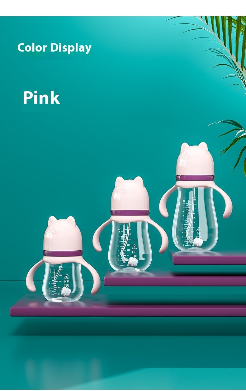 Set of pink baby bottles with cat designs on a teal background