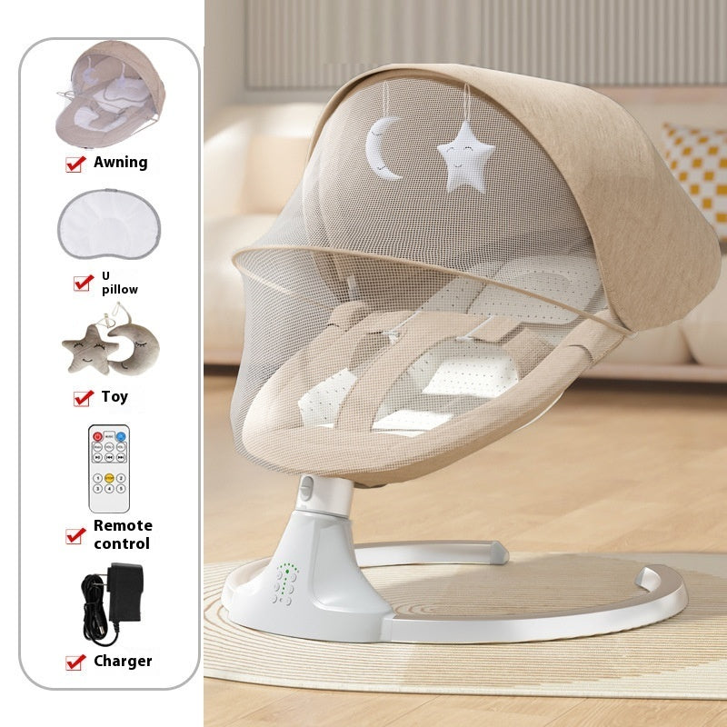 Baby swing with canopy and remote control on a wooden floor
