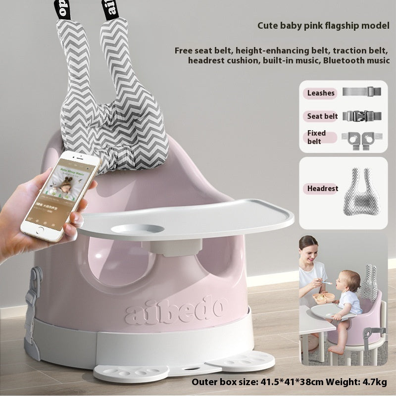 Pink baby high chair with various features and a smartphone app interface.
