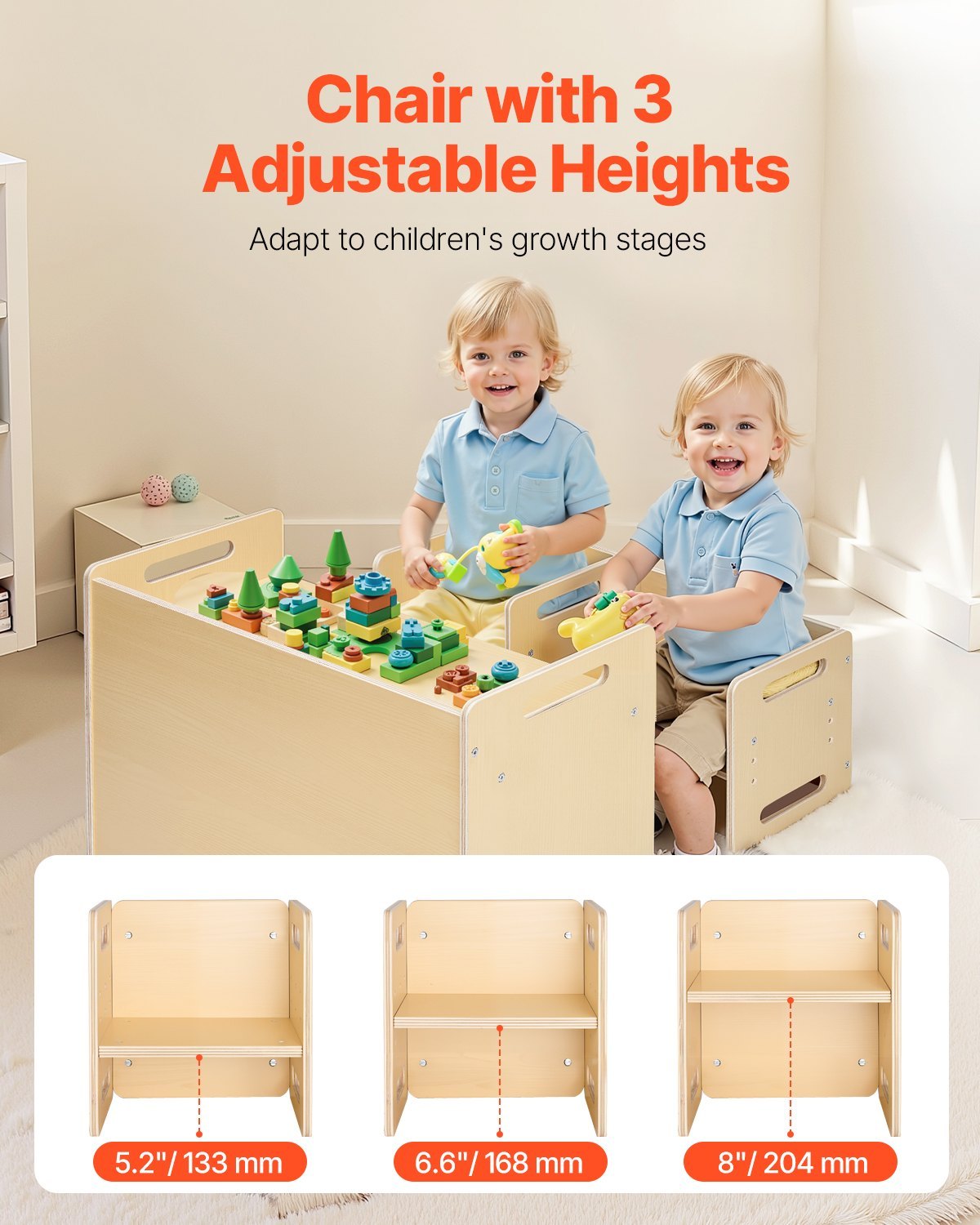 Children playing with a wooden chair and table set, highlighting adjustable heights.