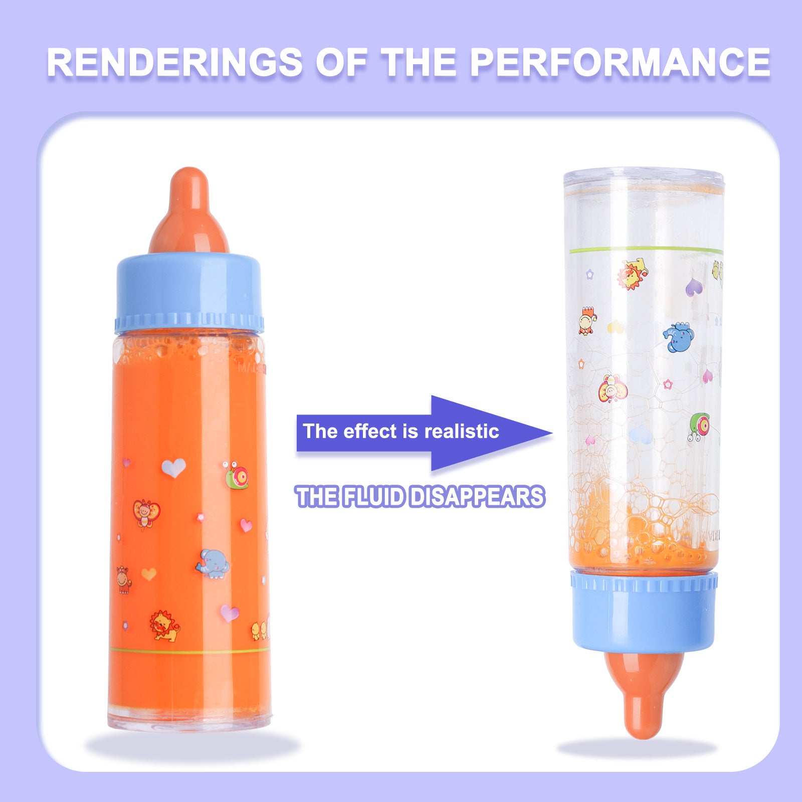 Illustration of a bottle with a disappearing fluid effect on a light purple background.