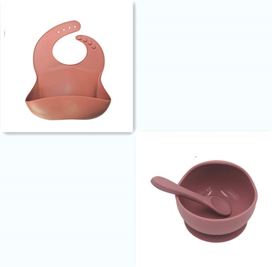 Collage of a terracotta-colored silicone bib and bowl set on a white background