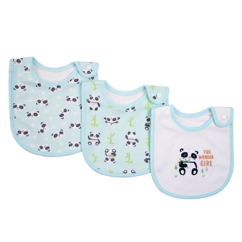 Three baby bibs with panda designs on a white background
