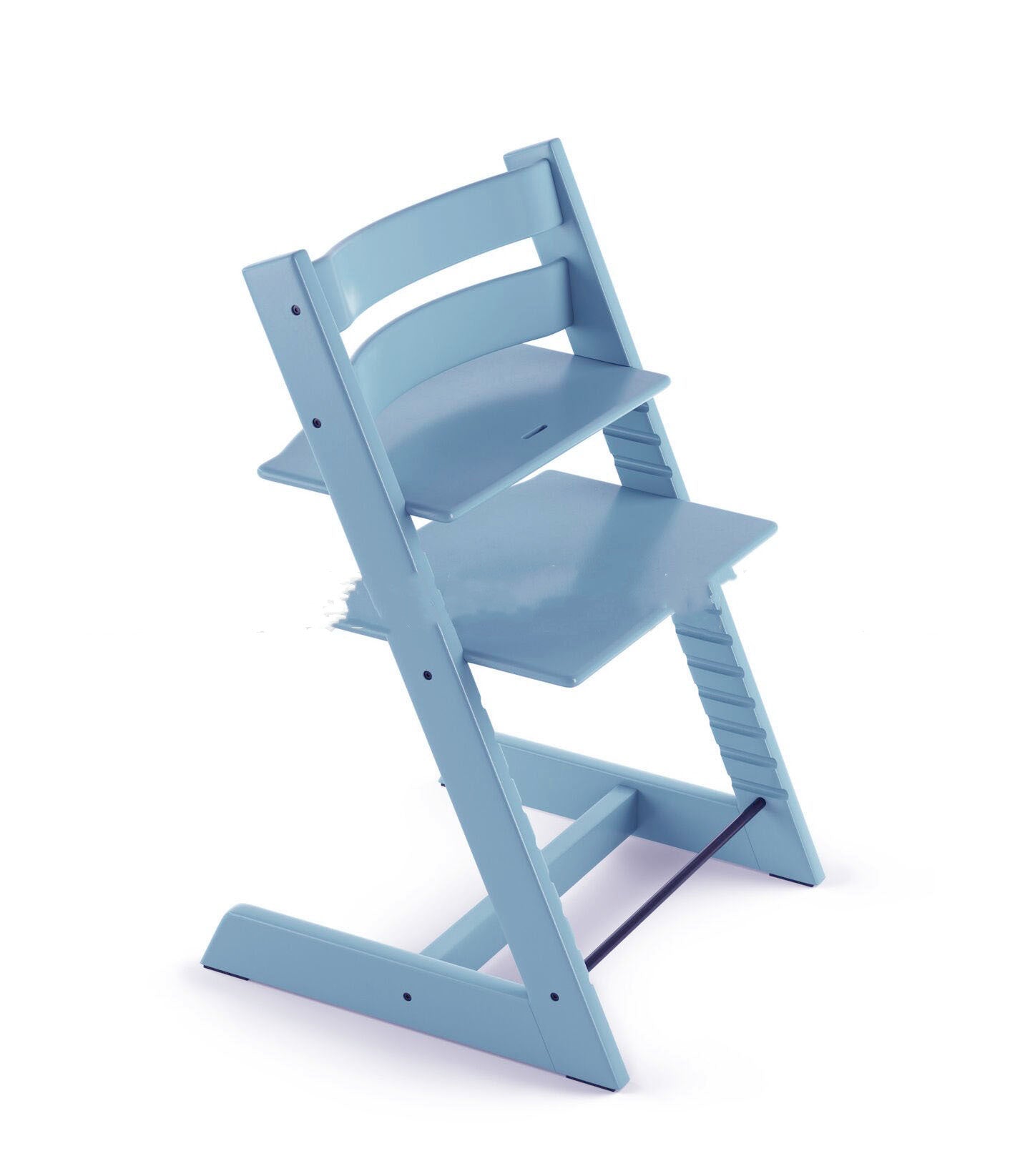 Light blue wooden high chair on a white background