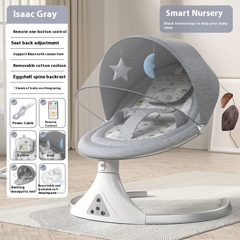 Baby swing with features listed on the left and 'Smart Nursery' branding on the right.
