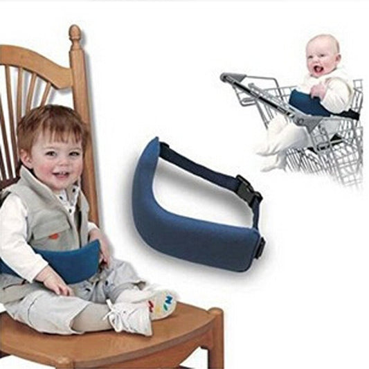Baby safety seat belt with a child sitting on a chair and a baby in a shopping cart inset.
