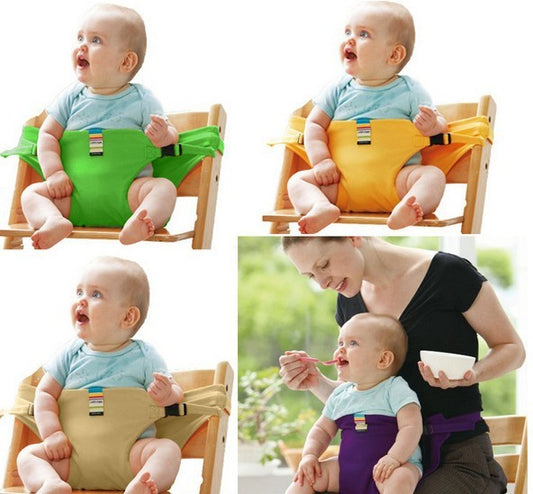 Collage of a baby in a high chair with various color options and a scene with a woman and child outdoors.