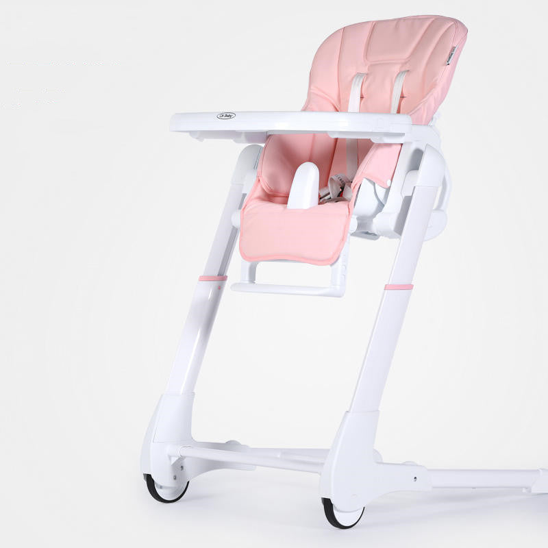 White high chair with pink cushion on a white background