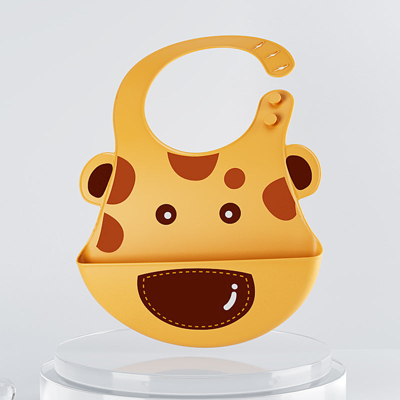 Yellow bib with brown spots on a clear stand against a light gray background