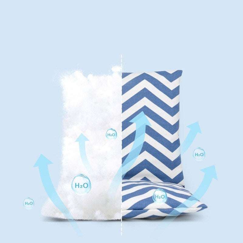 Two pillows, one white and one with a blue and white chevron pattern, on a light blue background with water droplet graphics.