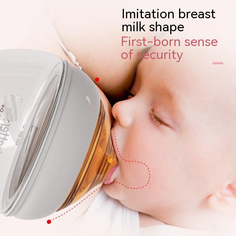 Baby drinking from a bottle with text about imitation breast milk shape and security.