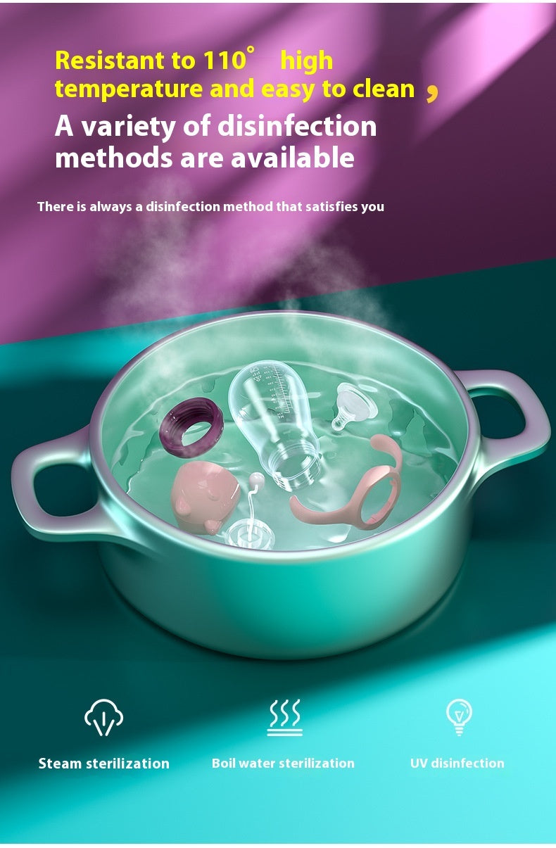 Teal pot with items inside on a blue and purple gradient background, featuring text about sterilization methods.