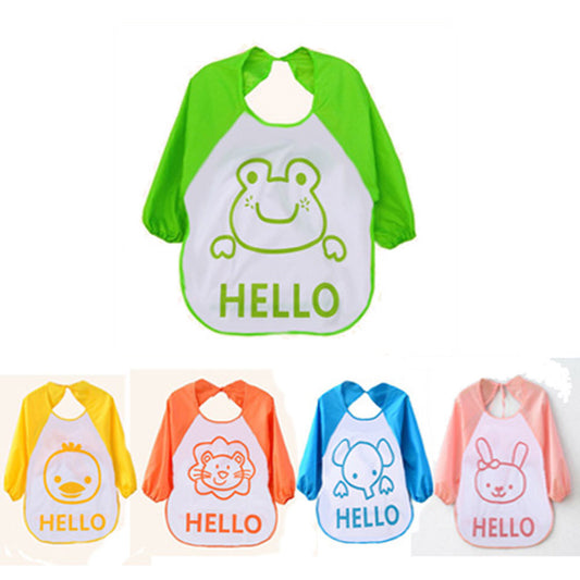 Set of colorful baby bibs with animal designs and 'HELLO' text on a white background.