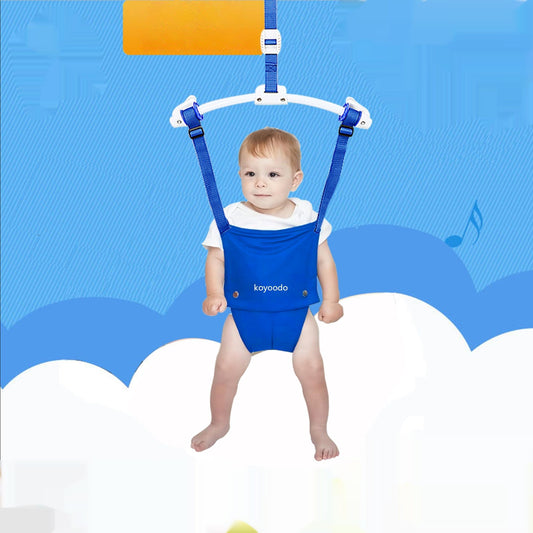 Child in a blue baby bouncer with a blue background