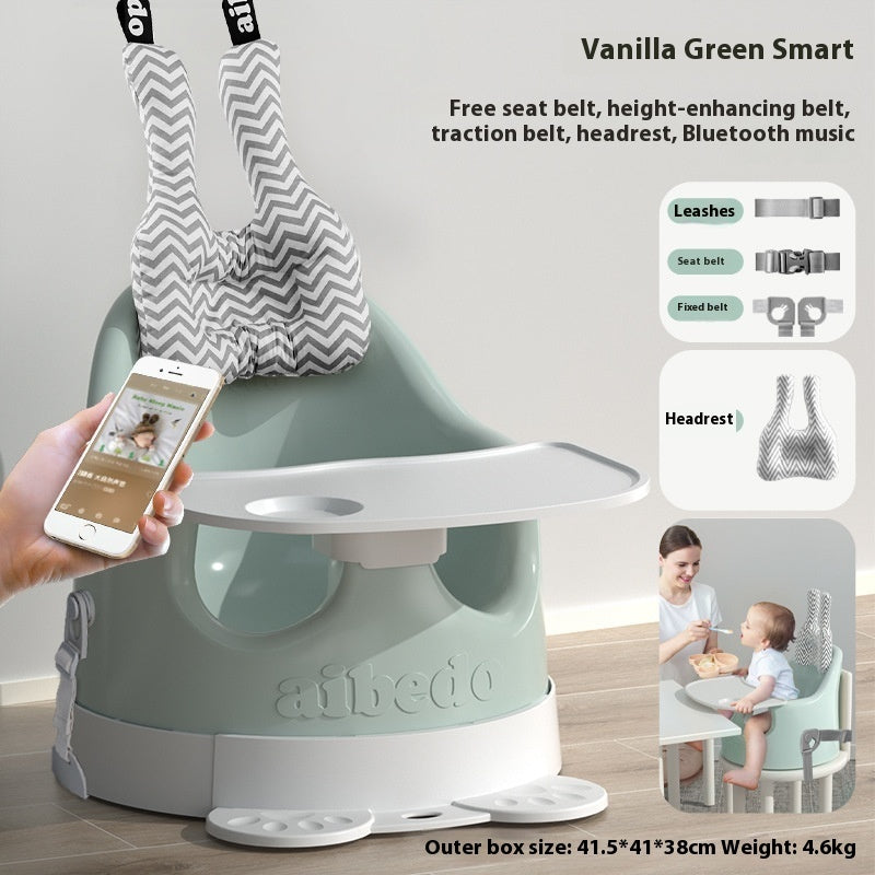 Baby seat with smartphone app interface and additional features highlighted