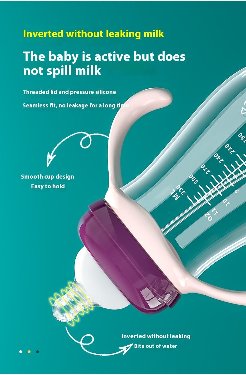 Baby bottle with purple cap on a teal background, featuring text about bottle design.