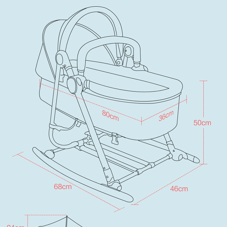 Technical drawing of a baby bassinet with dimensions on a light blue background