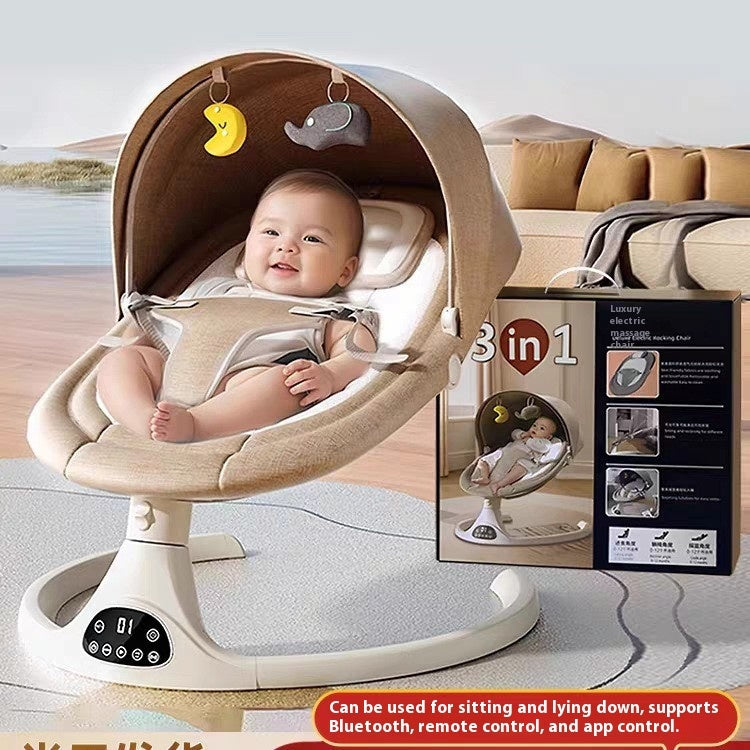 Baby in a 3-in-1 baby swing with packaging in the background