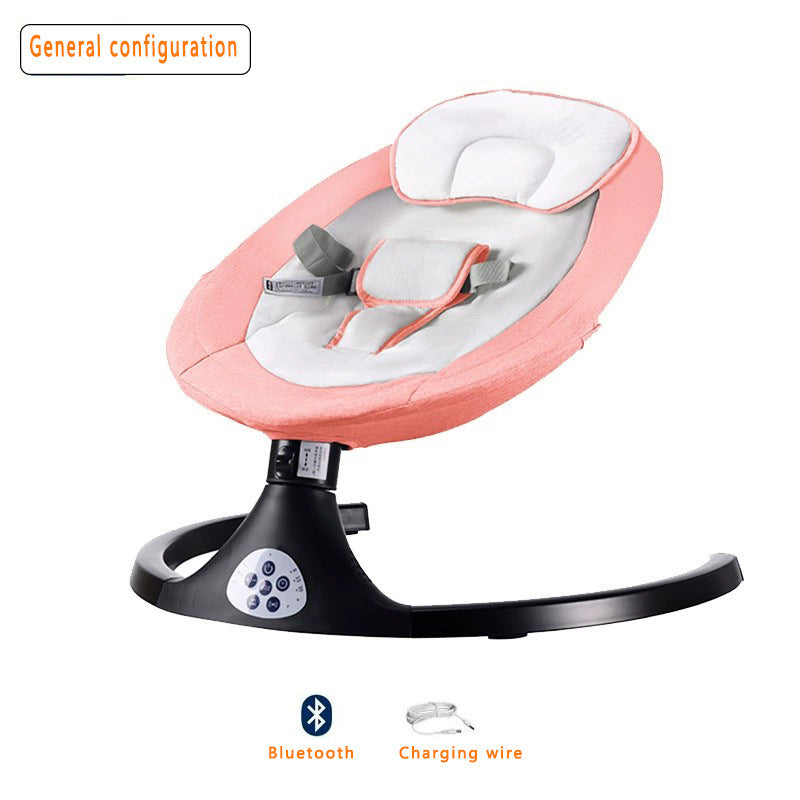 Baby bouncer with pink cover and black base on a white background