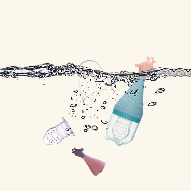 Tea infuser with pink and blue design floating in water on a white background