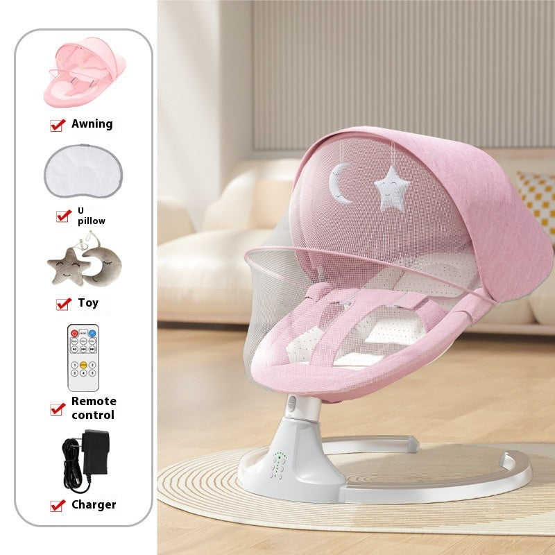 Pink baby swing with remote control on a light wooden floor.