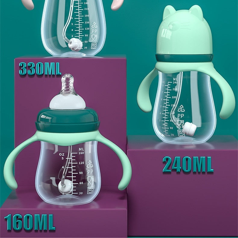 Three baby bottles with green handles and different capacities on purple and teal backgrounds.