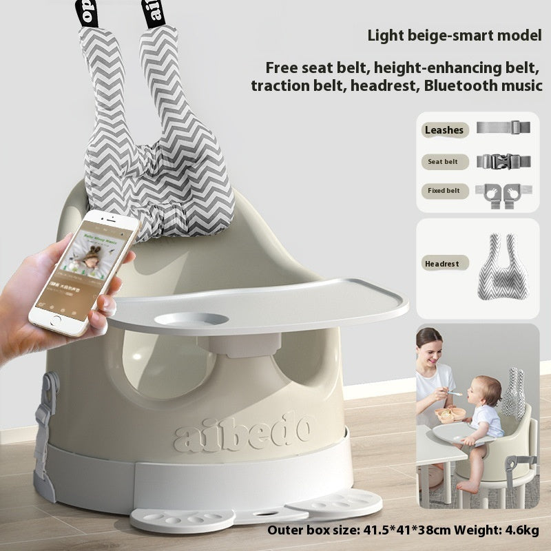 Baby high chair with smartphone app interface and additional features highlighted