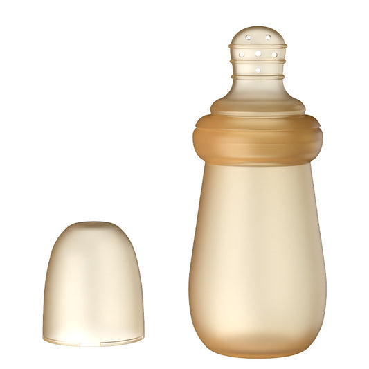Beige baby bottle with nipple on a white background