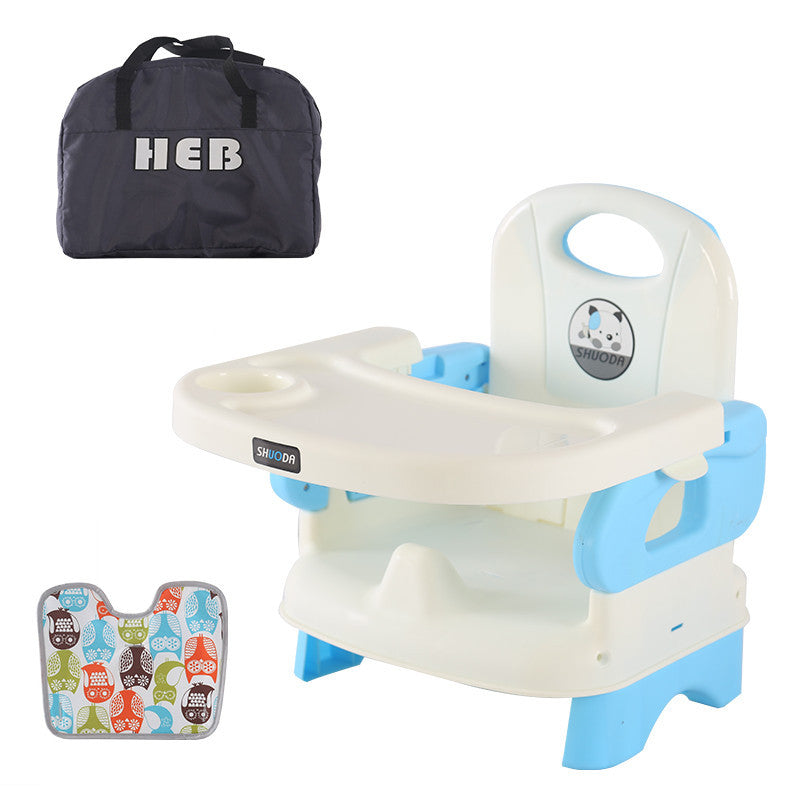 Baby seat with blue legs, colorful mat, and HEB bag on a white background
