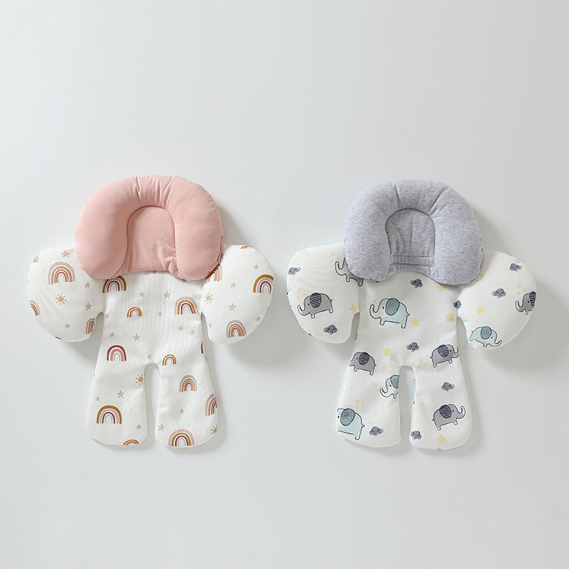 Two baby pillows with pink and gray covers on a light gray background