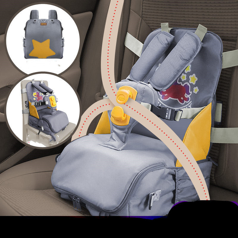 Child car seat with gray and yellow design, attached to a car seat in a vehicle.