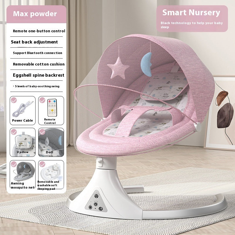 Pink baby swing with remote control features on a white background