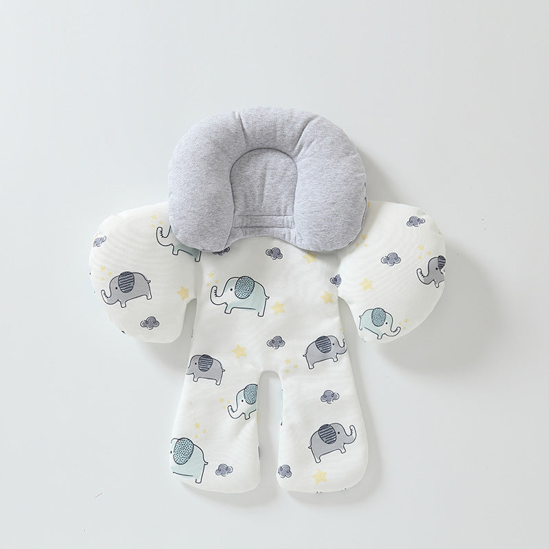 Baby neck pillow and blanket with elephant pattern on a light gray background