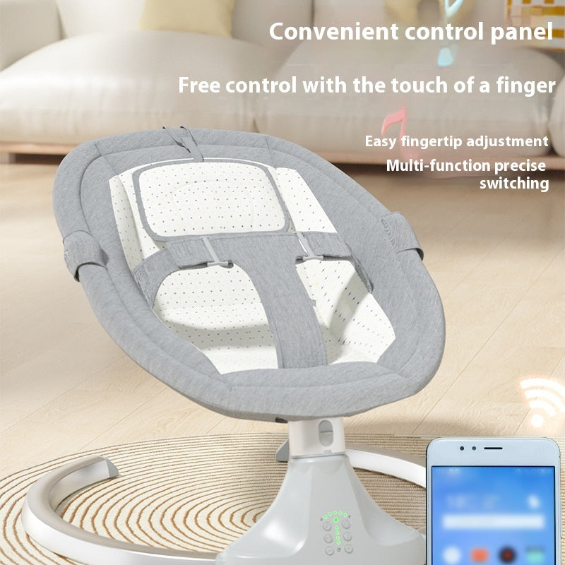 Baby swing with control panel and smartphone displaying app interface on a beige background