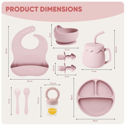 Saquela siliconen babyvoedingsset met zuignap – 10-delige baby-led weaning benodigdheden: zuigkom, verdeelde plaat, verstelbare zachte slab, lepel, vork, snackbeker en bestek, Sakura roze | Essentiële maaltijdset voor peuters