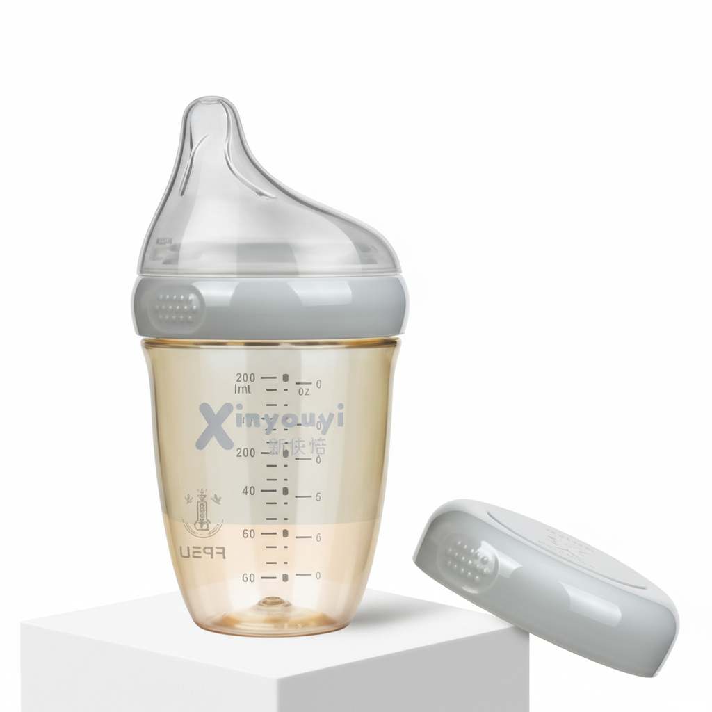 Baby bottle with a clear cap and measurement markings on a white background