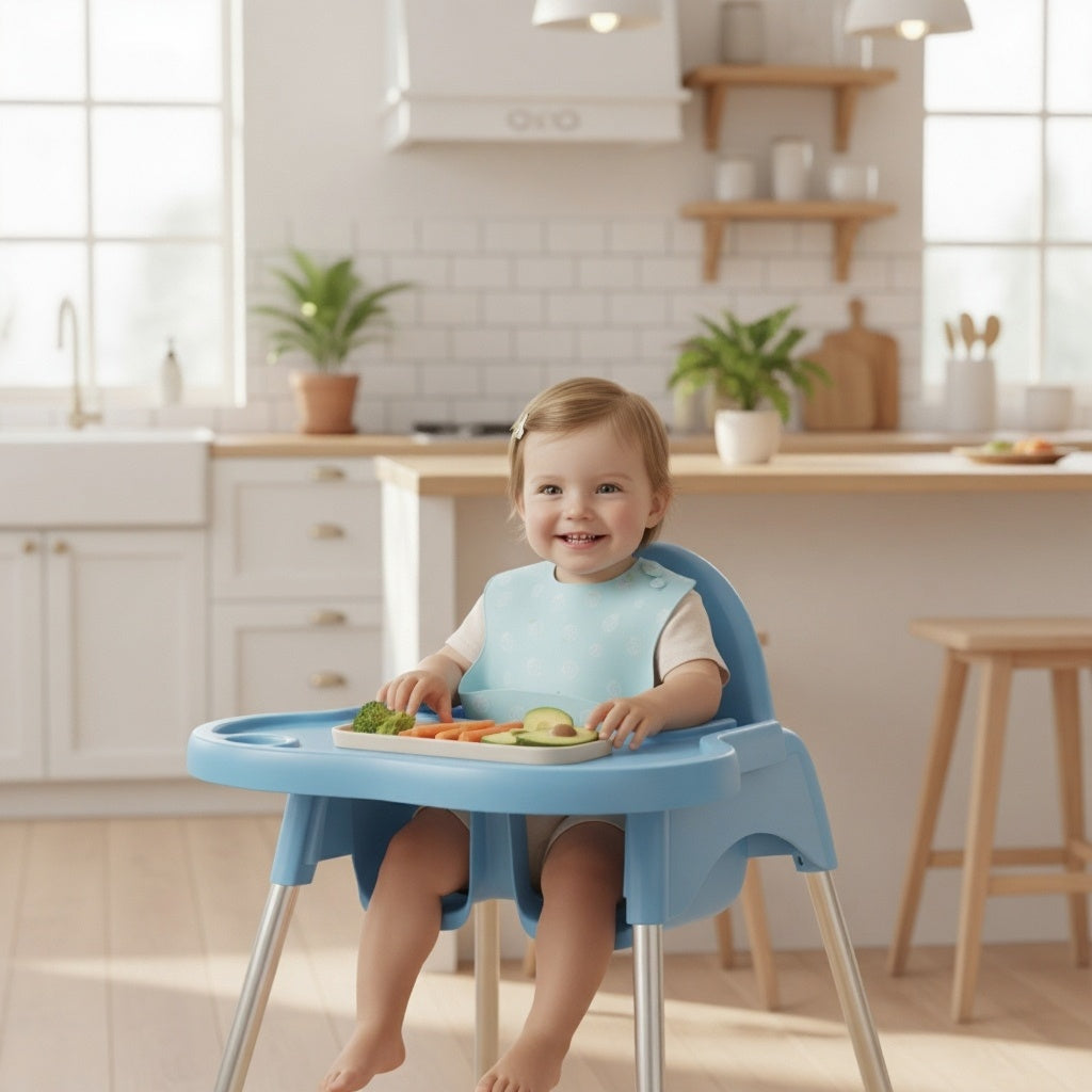 Child sitting in a blue high chair with a tray in a kitchen