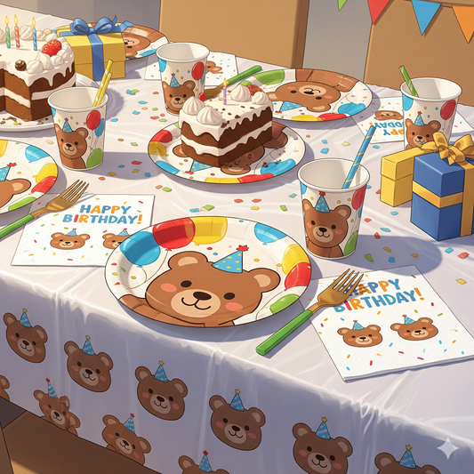 Cartoon Bear Disposable Paper Tableware Set - Kids Party Plates
