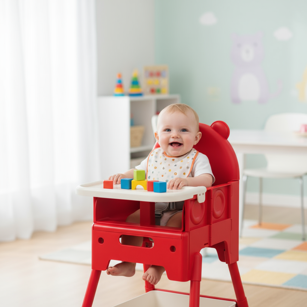 Amobi Adjustable Height High Chair & Long Bench: This portable, foldable children's dining table is a perfect two-in-one seat
