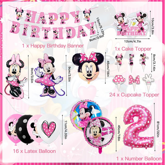 Minnie Mouse Birthday Party Essentials: Disposable Tableware, Balloons, Cups, Plates, and Tablecloth for a Magical Celebration!