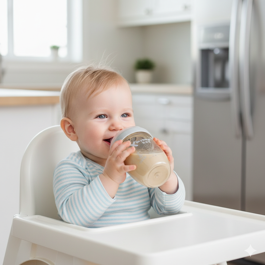 Baby in a high chair drinking from a bottle in a kitchen